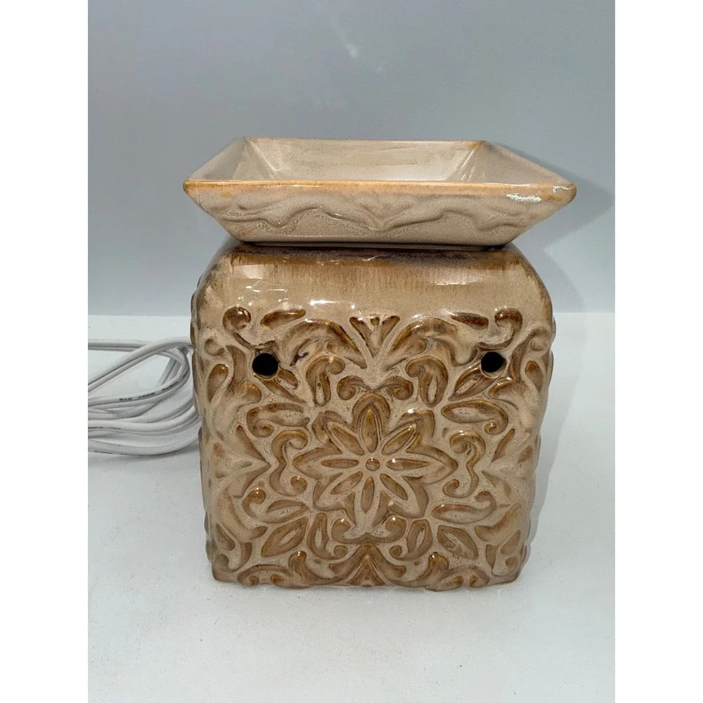 Wax Warmer Home Tan Brown Embossed Floral Ceramic Electric Tested
